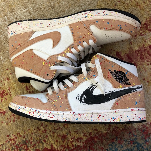 Nike Other - Nike Air Jordan 1 Mid White & Tan Suede with Multicolor Paint Splatter